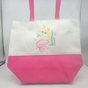 Hot Pink and White Tote Bag with Machine Embroidered Mermaid- Brand New